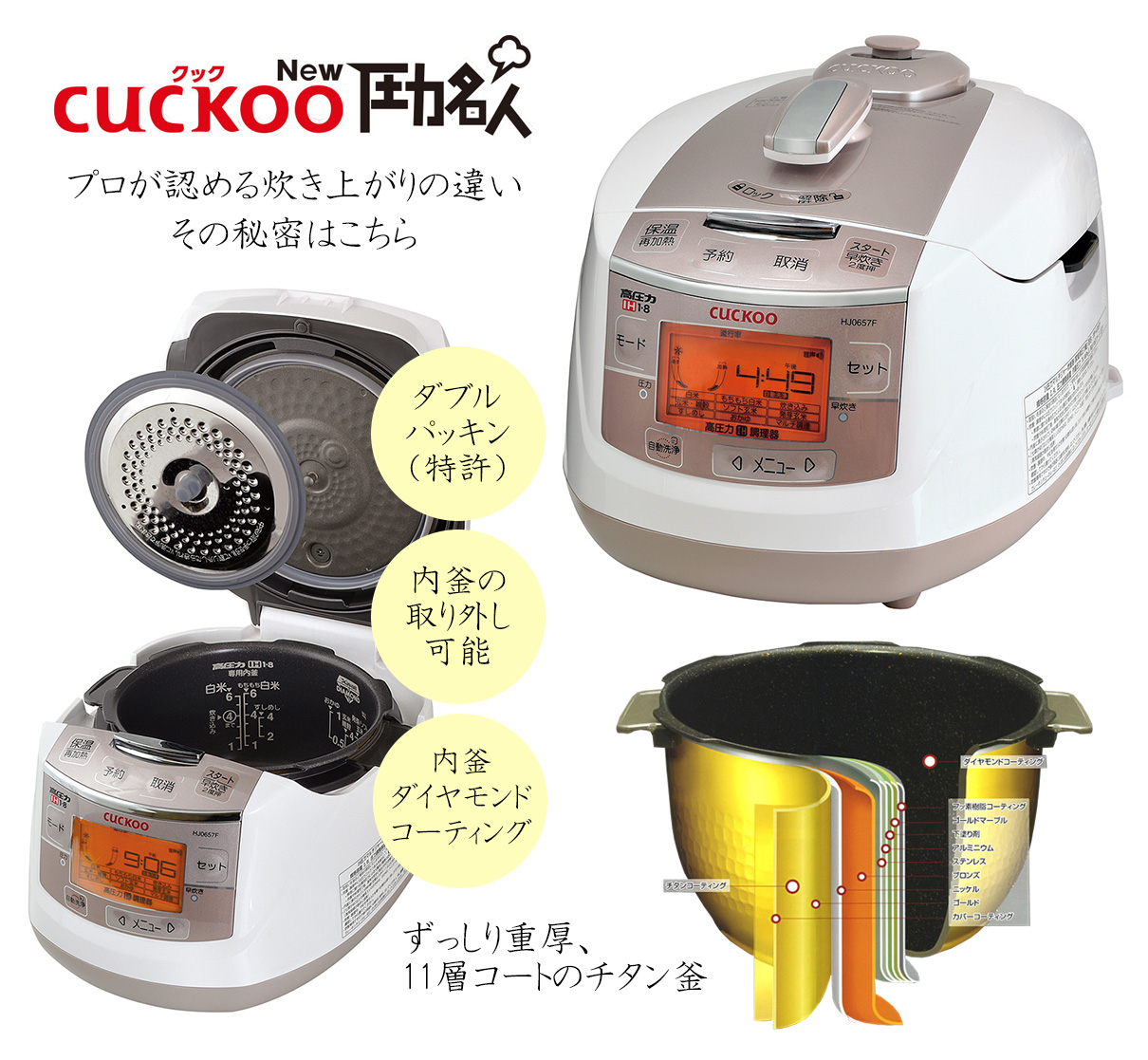 CUCKOO New 圧力名人 ダブルパッキン(特許)、内釜取り外し可能、内釜ダイヤモンドコーティング、ずっしり重厚11層コートのチタン釜