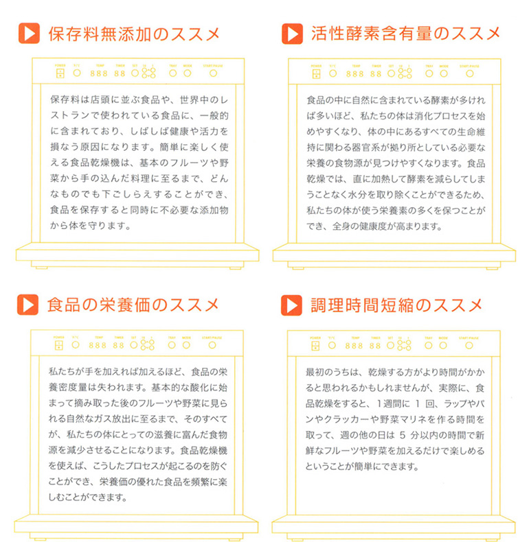 保存料無添加のススメ、活性酸素含有量のススメ、食品の栄養価のススメ、調理時間短縮のススメ