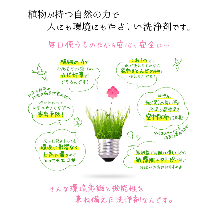 環境意識と機能性を兼ね備えた洗浄剤。水で洗えるほとんどの物これ1本/カビ対策/ペットや植物の害虫予防/防臭対策/敏感肌やアトピー/エコ
