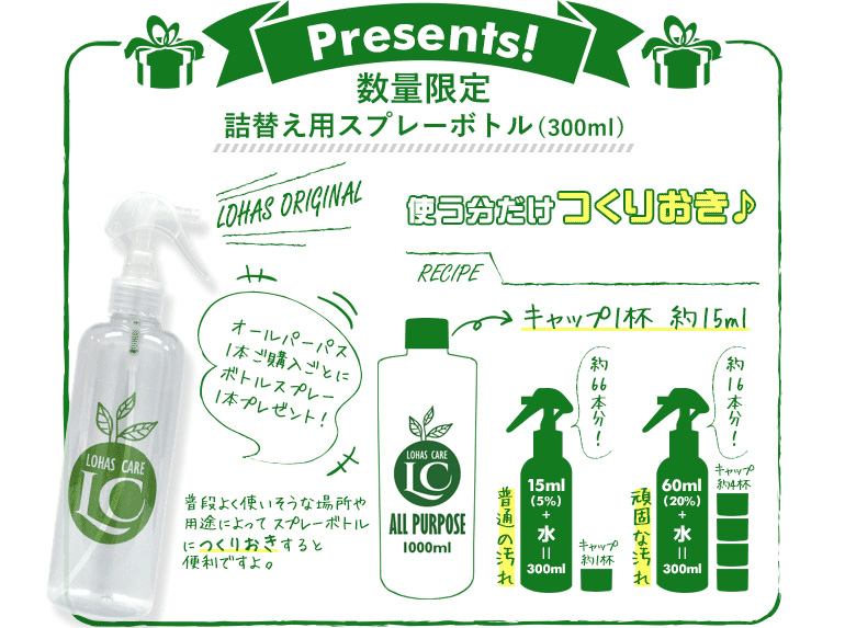 【プレゼント】オールパーパス1本ご購入ごとに詰め替え用のボトルスプレー1本プレゼント!普段よく使いそうな場所や用途によってスプレーボトルにつくりおきすると便利ですよ。