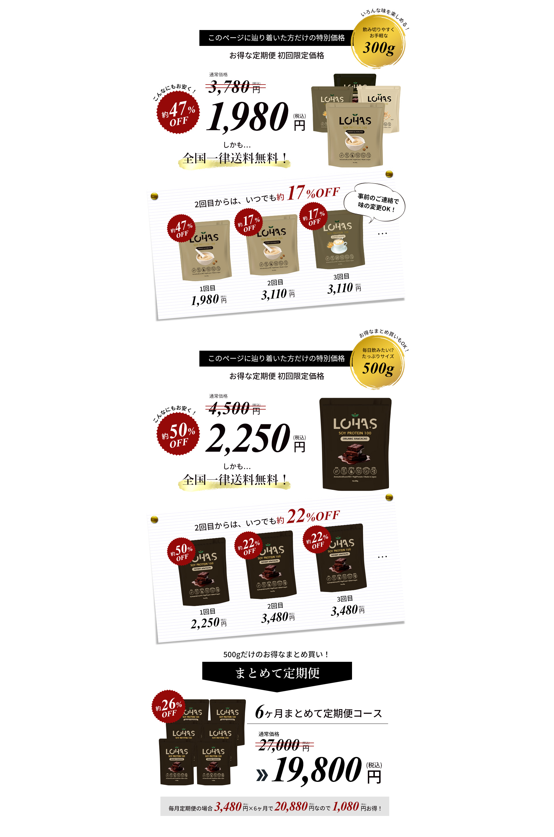 ロハスソイプロテイン定期販売価格300g・500g